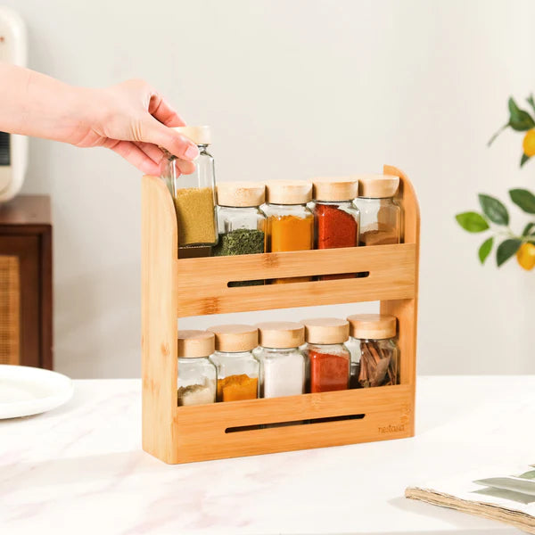
Pine Wood Spice Jar Storage Rack with Two Layers